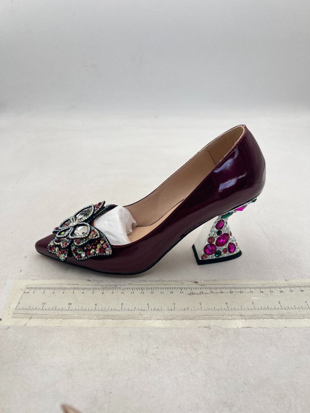 YDN Plum Butterfly Colorful Crystal High Heels Studded Slip On Pointed Toe Pumps